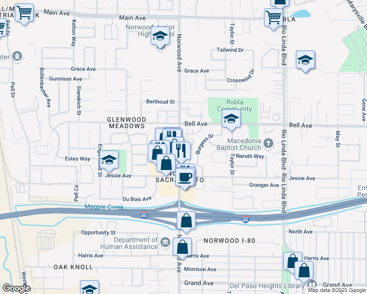 map of restaurants, bars, coffee shops, grocery stores, and more near 4318 Norwood Avenue in Sacramento