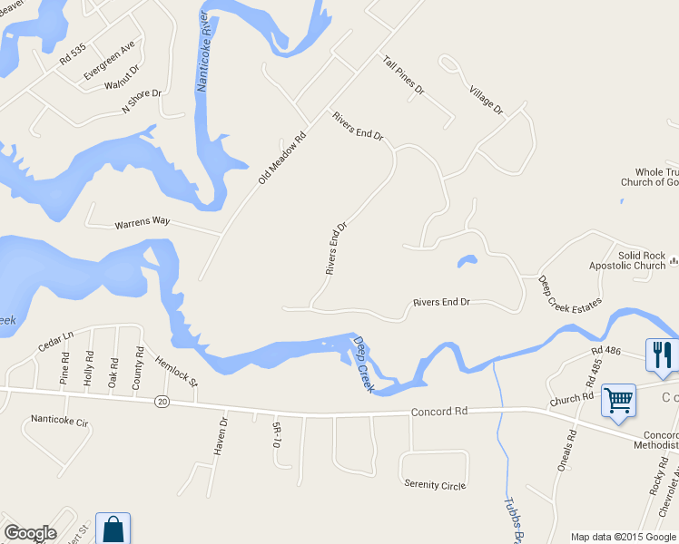 map of restaurants, bars, coffee shops, grocery stores, and more near 32 Rivers End Drive in Seaford