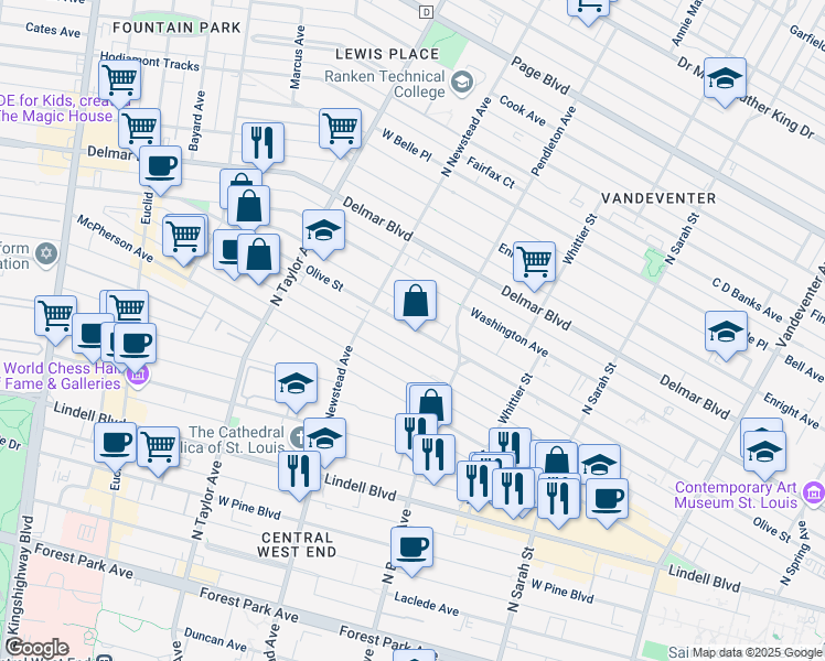 map of restaurants, bars, coffee shops, grocery stores, and more near 4362 Olive Street in St. Louis