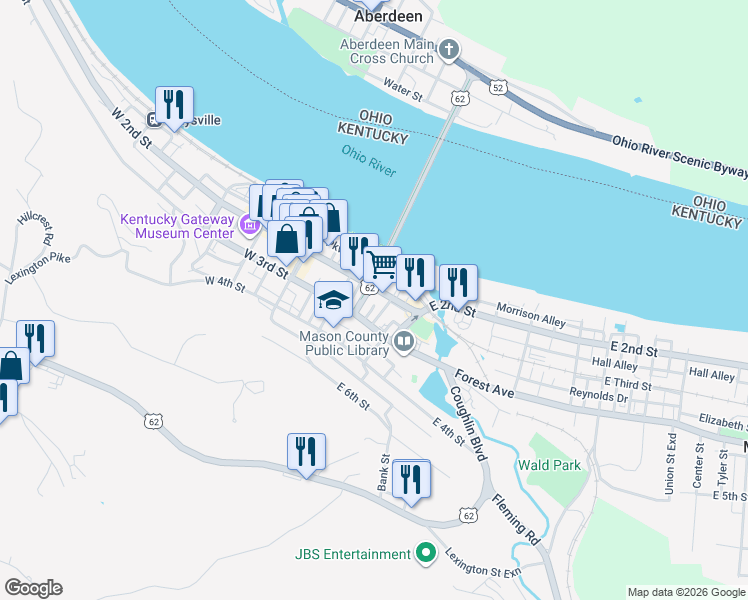 map of restaurants, bars, coffee shops, grocery stores, and more near 213 Lee Street in Maysville