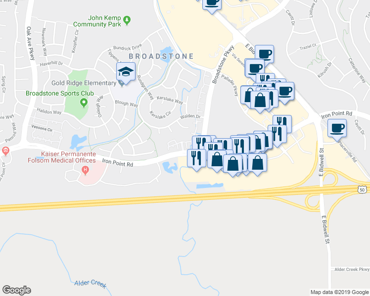 map of restaurants, bars, coffee shops, grocery stores, and more near 2300 Iron Point Road in Folsom