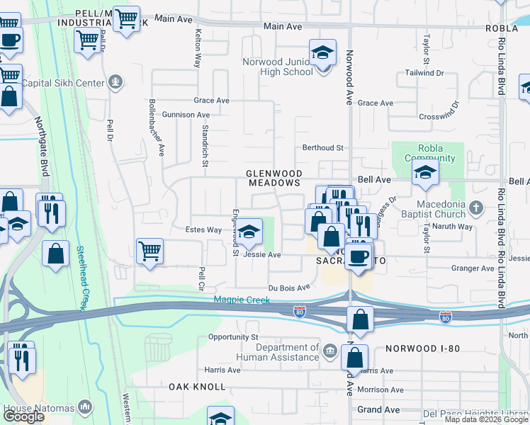 map of restaurants, bars, coffee shops, grocery stores, and more near 224 Waunita Way in Sacramento