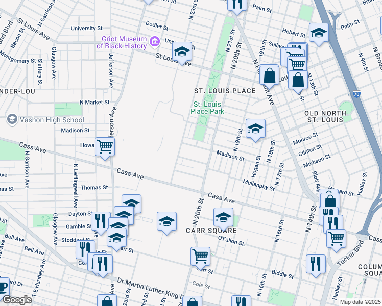 map of restaurants, bars, coffee shops, grocery stores, and more near 2001 Howard Street in St. Louis