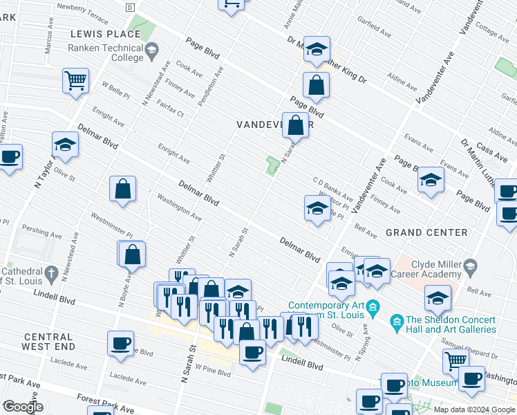 map of restaurants, bars, coffee shops, grocery stores, and more near 4056 Enright Avenue in St. Louis