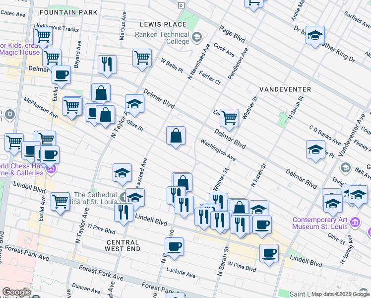 map of restaurants, bars, coffee shops, grocery stores, and more near 4291 Olive Street in St. Louis