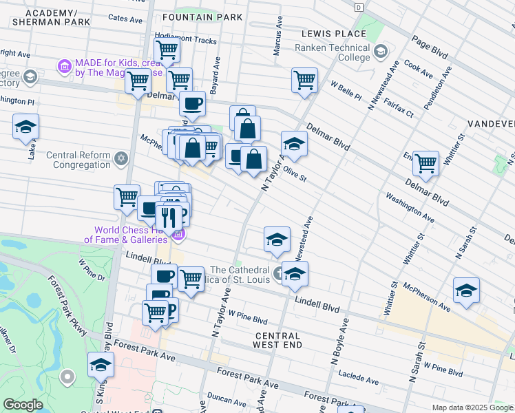 map of restaurants, bars, coffee shops, grocery stores, and more near 377 North Taylor Avenue in St. Louis