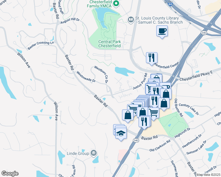 map of restaurants, bars, coffee shops, grocery stores, and more near 1570 Westmeade Drive in Chesterfield