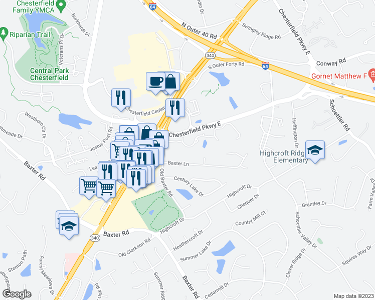 map of restaurants, bars, coffee shops, grocery stores, and more near 15670 Hedgeford Ct in Chesterfield