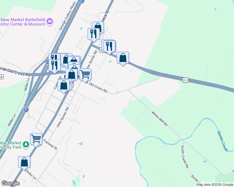 map of restaurants, bars, coffee shops, grocery stores, and more near East Old Cross Road in New Market