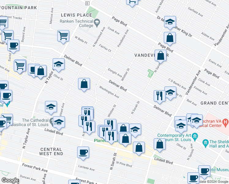 map of restaurants, bars, coffee shops, grocery stores, and more near 4195 Washington Avenue in St. Louis