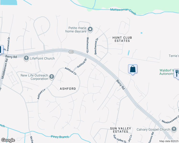 map of restaurants, bars, coffee shops, grocery stores, and more near 2441 Streamview Drive in Waldorf