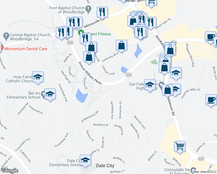 map of restaurants, bars, coffee shops, grocery stores, and more near 3246 Gina Place in Woodbridge
