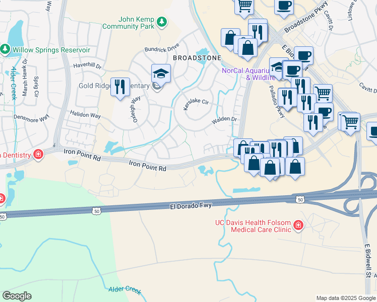 map of restaurants, bars, coffee shops, grocery stores, and more near 1384 Copping Court in Folsom