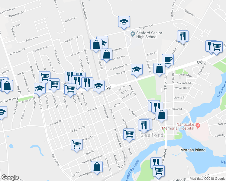 map of restaurants, bars, coffee shops, grocery stores, and more near 399 North Pine Street in Seaford