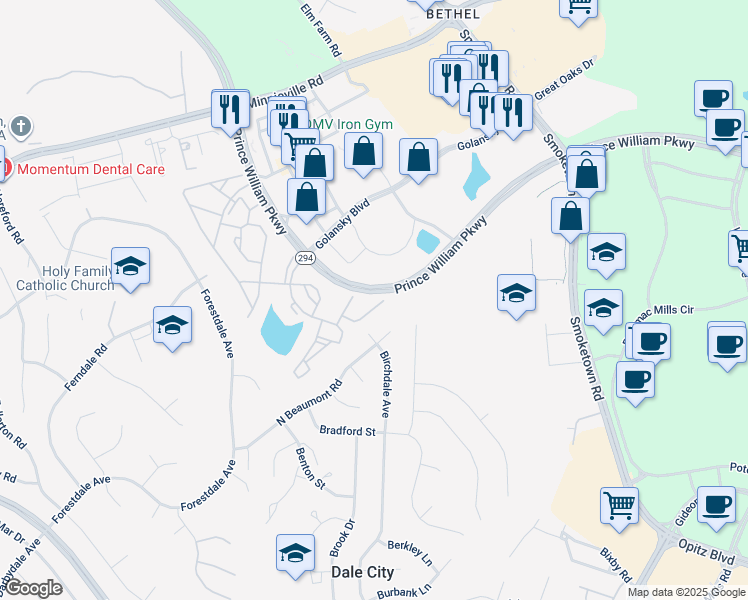 map of restaurants, bars, coffee shops, grocery stores, and more near 3246 Gina Place in Woodbridge