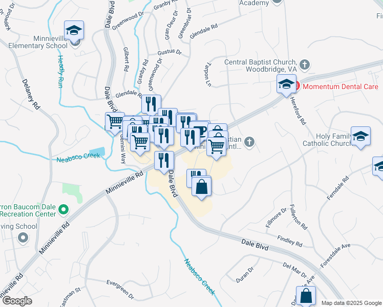 map of restaurants, bars, coffee shops, grocery stores, and more near 4461 Cheshire Station Plaza in Woodbridge