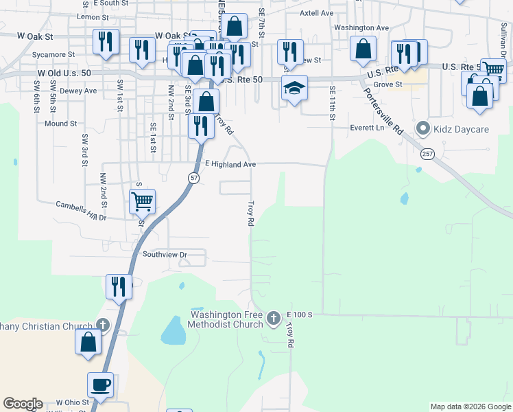 map of restaurants, bars, coffee shops, grocery stores, and more near 848 Troy Road in Washington