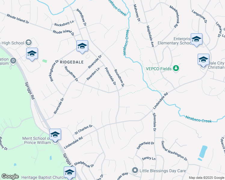 map of restaurants, bars, coffee shops, grocery stores, and more near 5617 Roundtree Drive in Woodbridge