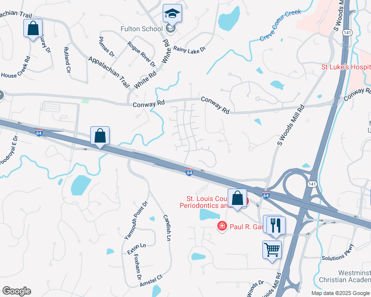 map of restaurants, bars, coffee shops, grocery stores, and more near 14405 East Conway Meadows Court in Chesterfield