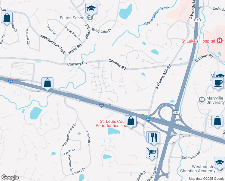 map of restaurants, bars, coffee shops, grocery stores, and more near 14369 East Conway Meadows Court in Chesterfield