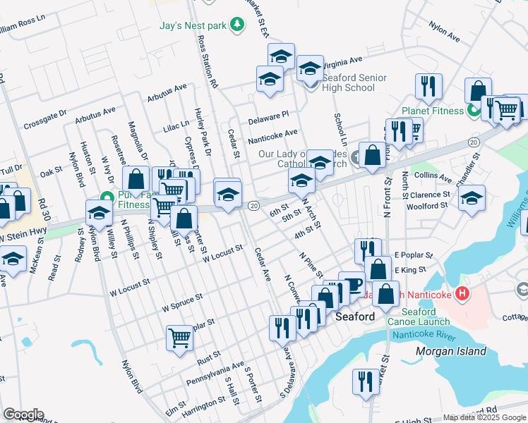 map of restaurants, bars, coffee shops, grocery stores, and more near 516 North Pine Street in Seaford
