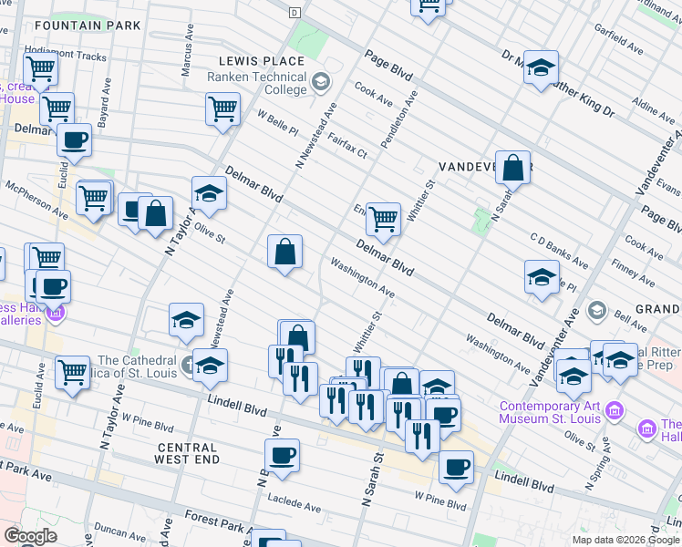 map of restaurants, bars, coffee shops, grocery stores, and more near 4256 Washington Boulevard in St. Louis