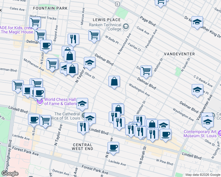 map of restaurants, bars, coffee shops, grocery stores, and more near 4362 Olive Street in St. Louis