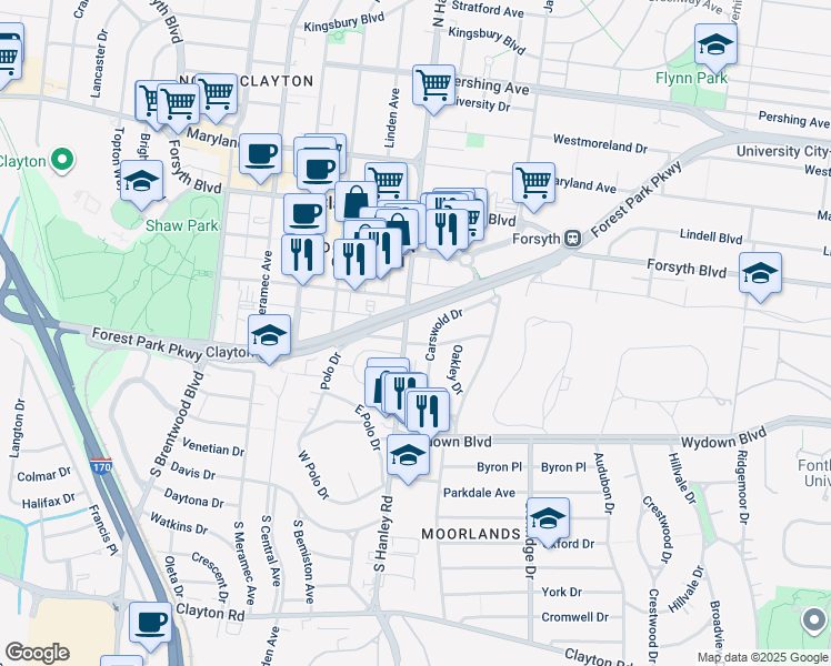 map of restaurants, bars, coffee shops, grocery stores, and more near 326 South Hanley Road in Clayton