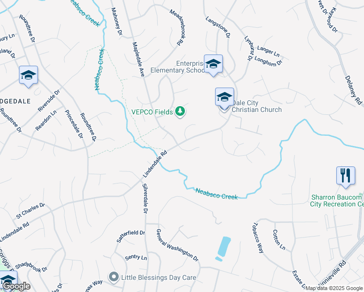 map of restaurants, bars, coffee shops, grocery stores, and more near 14117 Lindendale Road in Woodbridge
