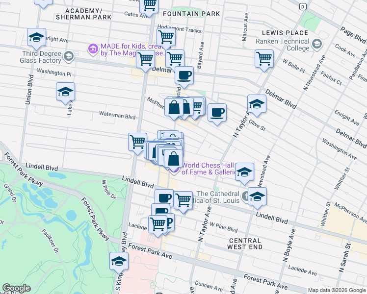 map of restaurants, bars, coffee shops, grocery stores, and more near 4668 Pershing Place in St. Louis