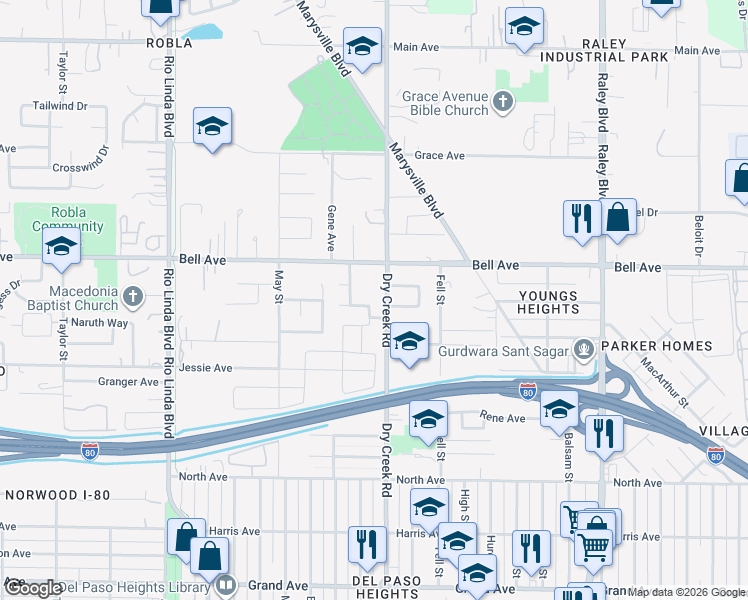 map of restaurants, bars, coffee shops, grocery stores, and more near 1159 Martinson Drive in Sacramento