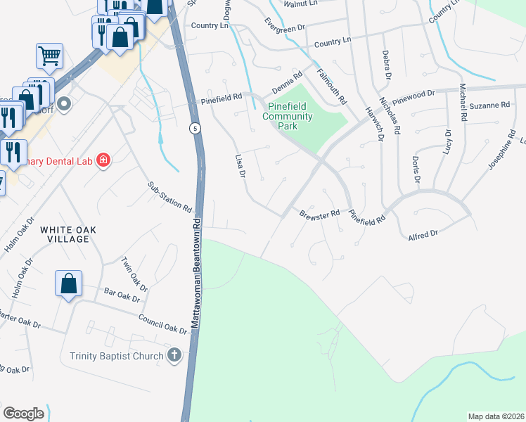 map of restaurants, bars, coffee shops, grocery stores, and more near 2548 Lisa Drive in Waldorf