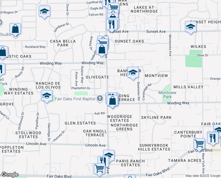 map of restaurants, bars, coffee shops, grocery stores, and more near 4444 San Juan Ave in Fair Oaks