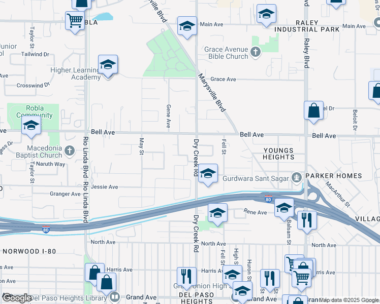 map of restaurants, bars, coffee shops, grocery stores, and more near 1159 Martinson Drive in Sacramento