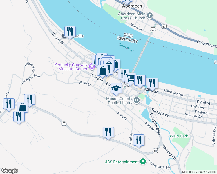 map of restaurants, bars, coffee shops, grocery stores, and more near 18 East Third Street in Maysville