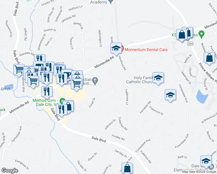 map of restaurants, bars, coffee shops, grocery stores, and more near 3904 Forge Drive in Woodbridge