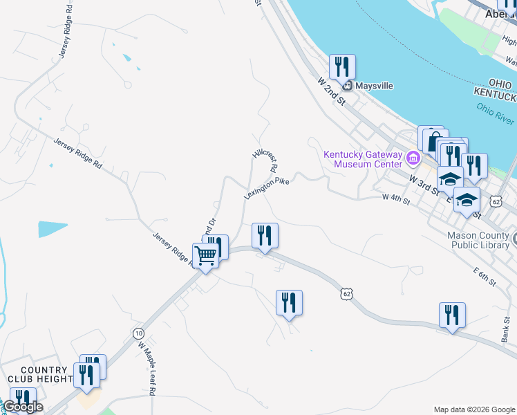 map of restaurants, bars, coffee shops, grocery stores, and more near 772 Lexington Pike in Maysville