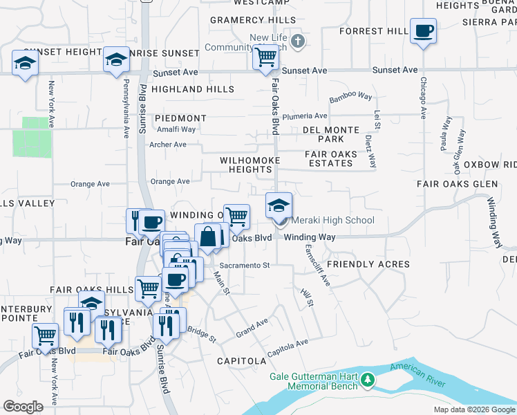 map of restaurants, bars, coffee shops, grocery stores, and more near 10741 Fair Oaks Boulevard in Fair Oaks