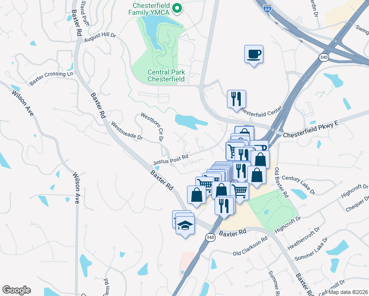 map of restaurants, bars, coffee shops, grocery stores, and more near Walpole Drive in Chesterfield