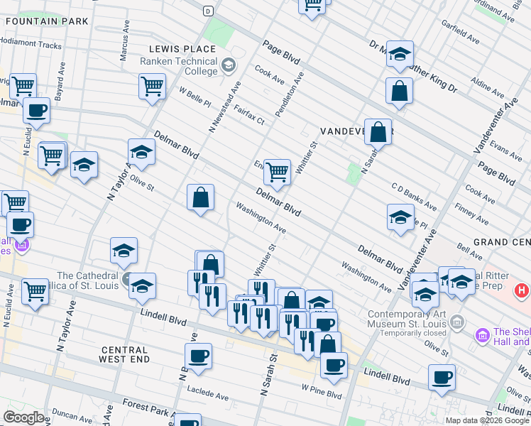 map of restaurants, bars, coffee shops, grocery stores, and more near 4195 Washington Avenue in St. Louis