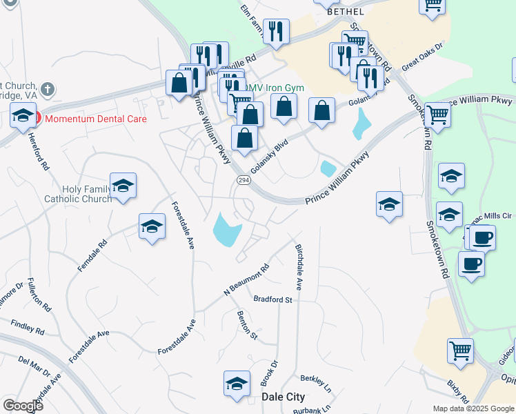 map of restaurants, bars, coffee shops, grocery stores, and more near 3358 Nadia Loop in Woodbridge