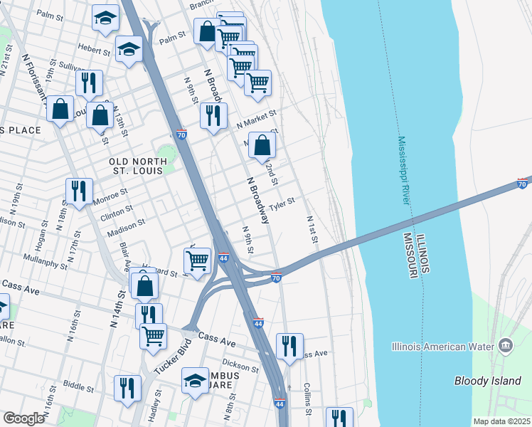 map of restaurants, bars, coffee shops, grocery stores, and more near 1920 North Broadway in St. Louis