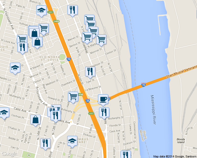 map of restaurants, bars, coffee shops, grocery stores, and more near 1920 North Broadway in St. Louis