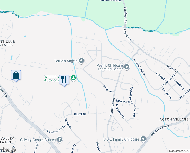 map of restaurants, bars, coffee shops, grocery stores, and more near 11320 Raby Road in Waldorf