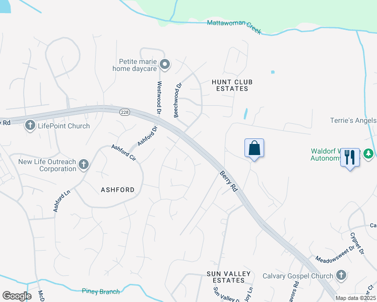map of restaurants, bars, coffee shops, grocery stores, and more near 10712 Alyssa Lane in Waldorf