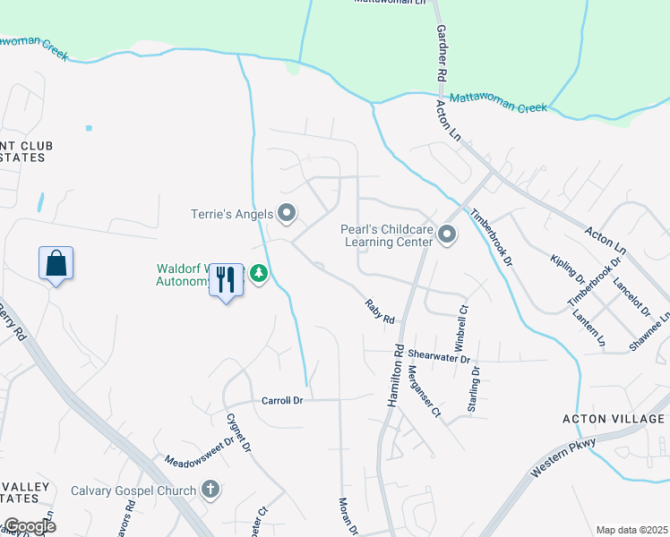 map of restaurants, bars, coffee shops, grocery stores, and more near 11320 Raby Road in Waldorf