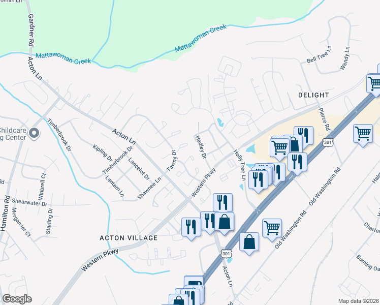 map of restaurants, bars, coffee shops, grocery stores, and more near 2109 Tanglewood Drive in Waldorf