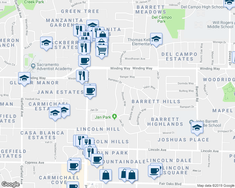 map of restaurants, bars, coffee shops, grocery stores, and more near 4511 Stoney Way in Carmichael