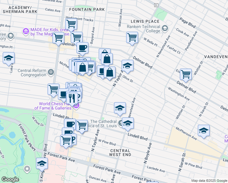 map of restaurants, bars, coffee shops, grocery stores, and more near 377 North Taylor Avenue in St. Louis