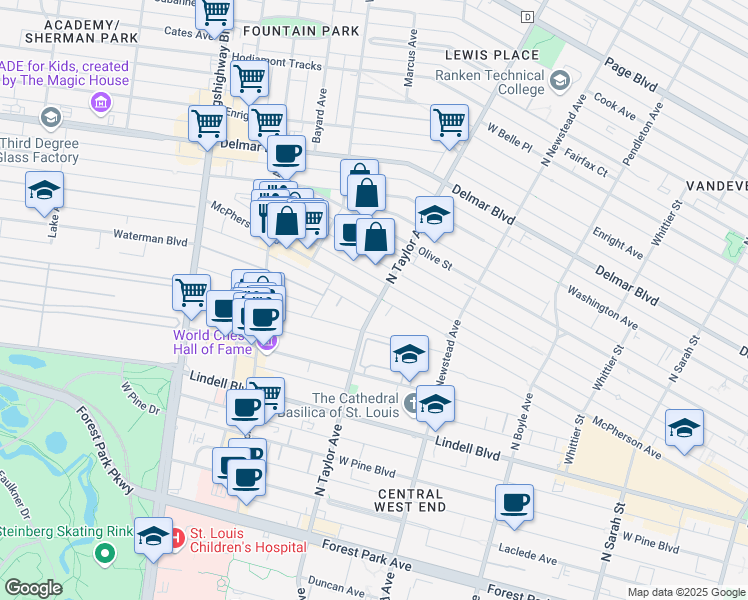 map of restaurants, bars, coffee shops, grocery stores, and more near 377 North Taylor Avenue in St. Louis